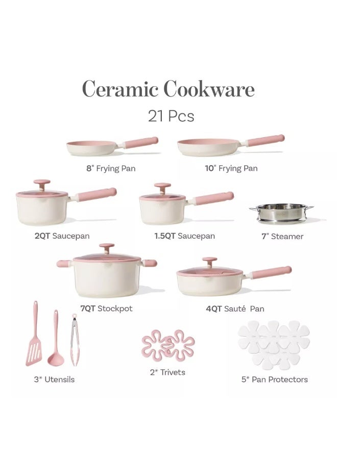 كاروت طقم أواني كاروت 21 قطعة سيراميك غير لاصق لطهي صحي خالٍ من PFAS، بأغطية سيليكون بمصفاة مزدوجة وقاعدة توزيع حرارة متساوٍ، متوافق مع جميع المواقد وآمن لغسالة الصحون (وردي) - Image 2